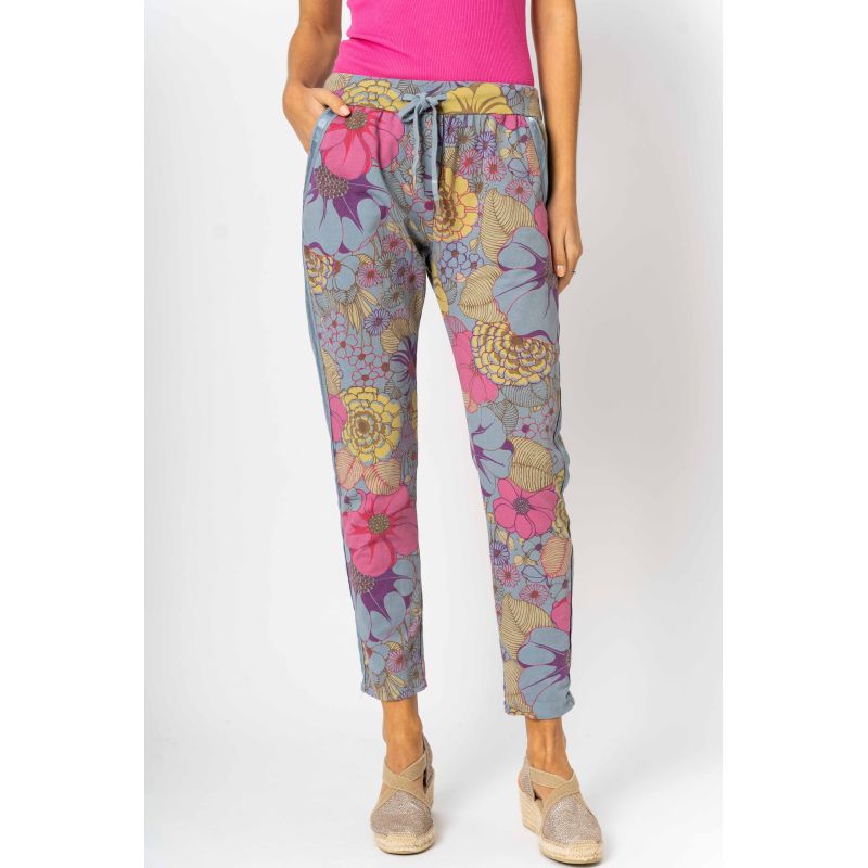 Ladies Ribbon Flower Print Jeggings by Look Mode-Blue Jean
