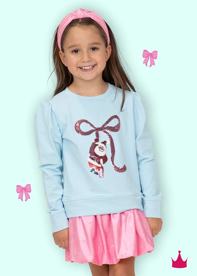 Girls Sequin Santa Bow Light Blue Holly Top by Azarhia