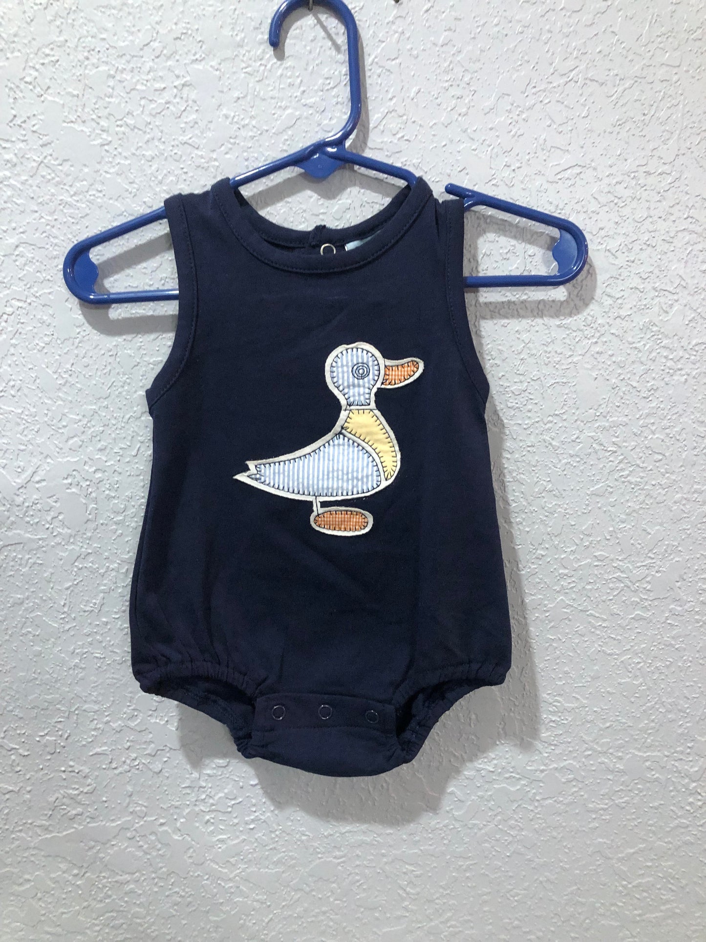 Boys Navy Sleeveless Onesie with Appliqued Duck by Three Sisters