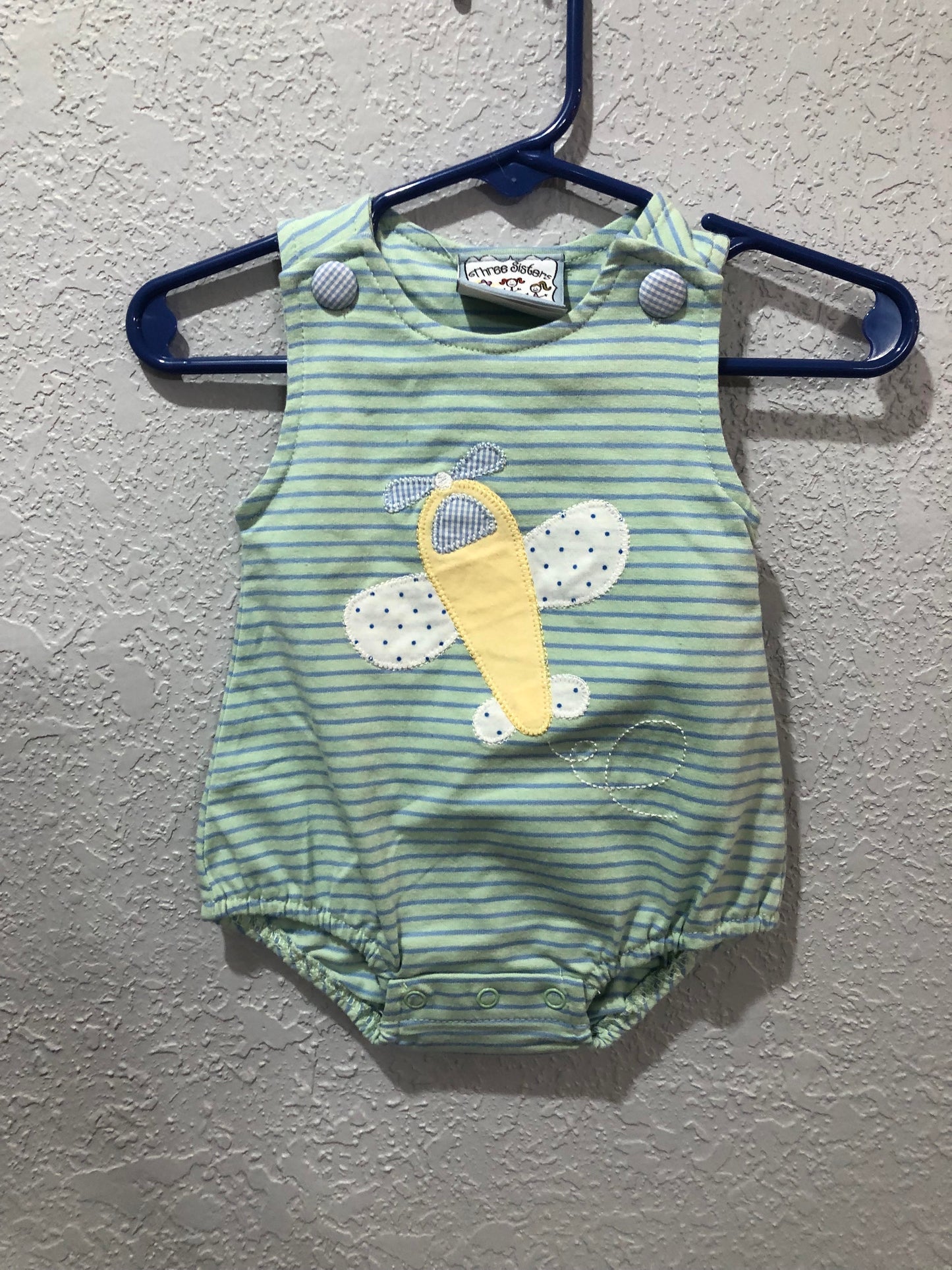 Boys Green with Blue Stripe Airplane Onesie by Three Sisters