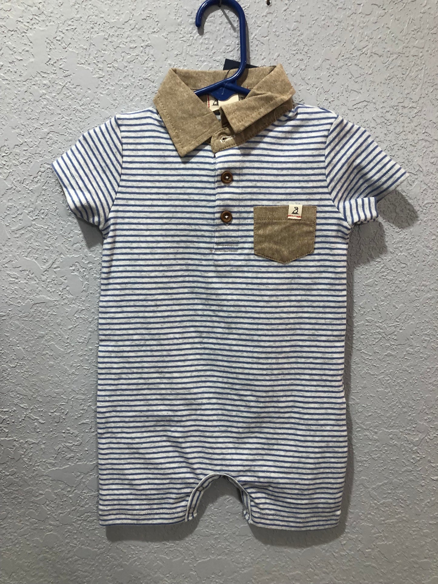 Boys Blue Stripe Romper with Tan Collar and Pocket by Me & Henry