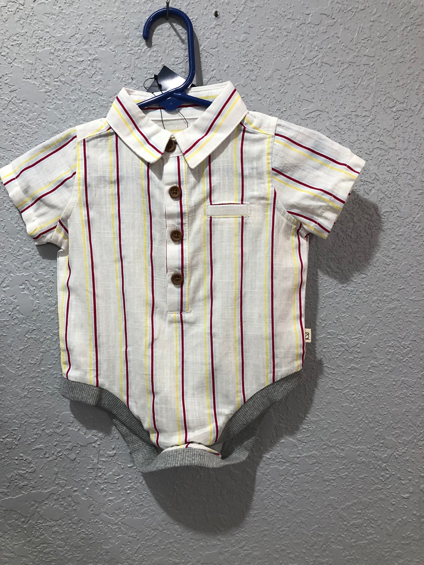 Boys Helford Cream with Red and Yellow Stripe Woven Onesie or Shirt by Me & Henry