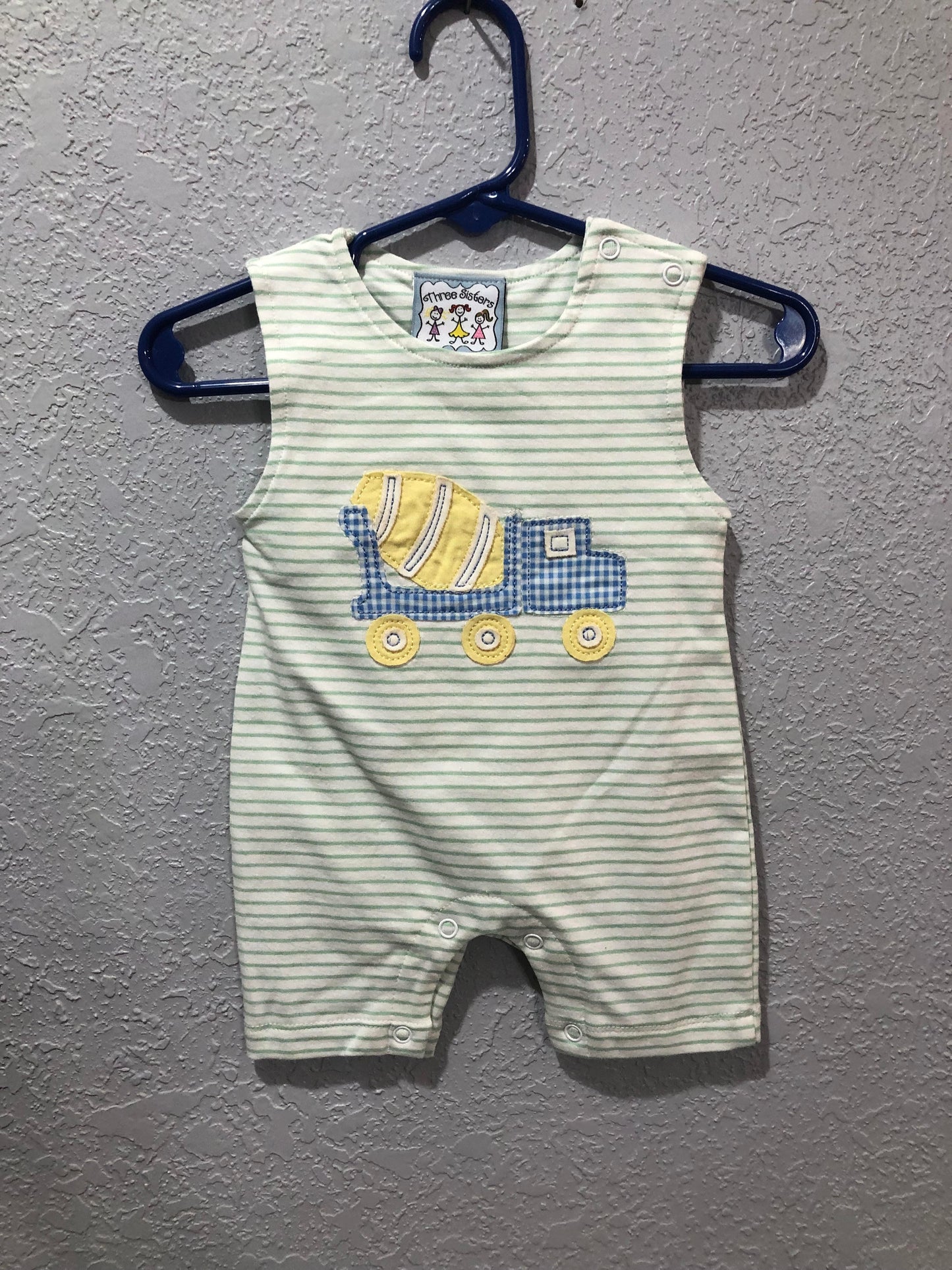 Boys Green/White Stripe Cement Truck Romper by Three Sisters