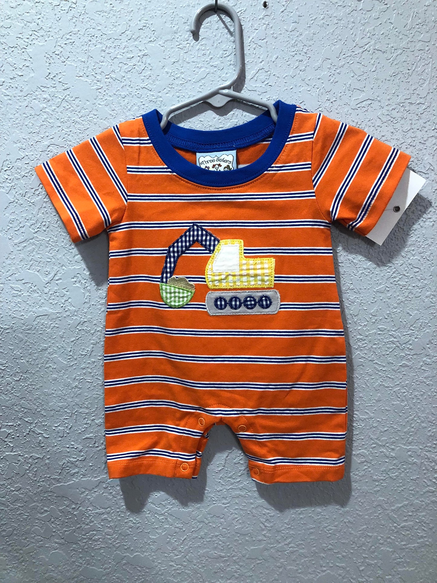 Boys Orange with Blue Stripe Track Hoe Romper by Three Sisters