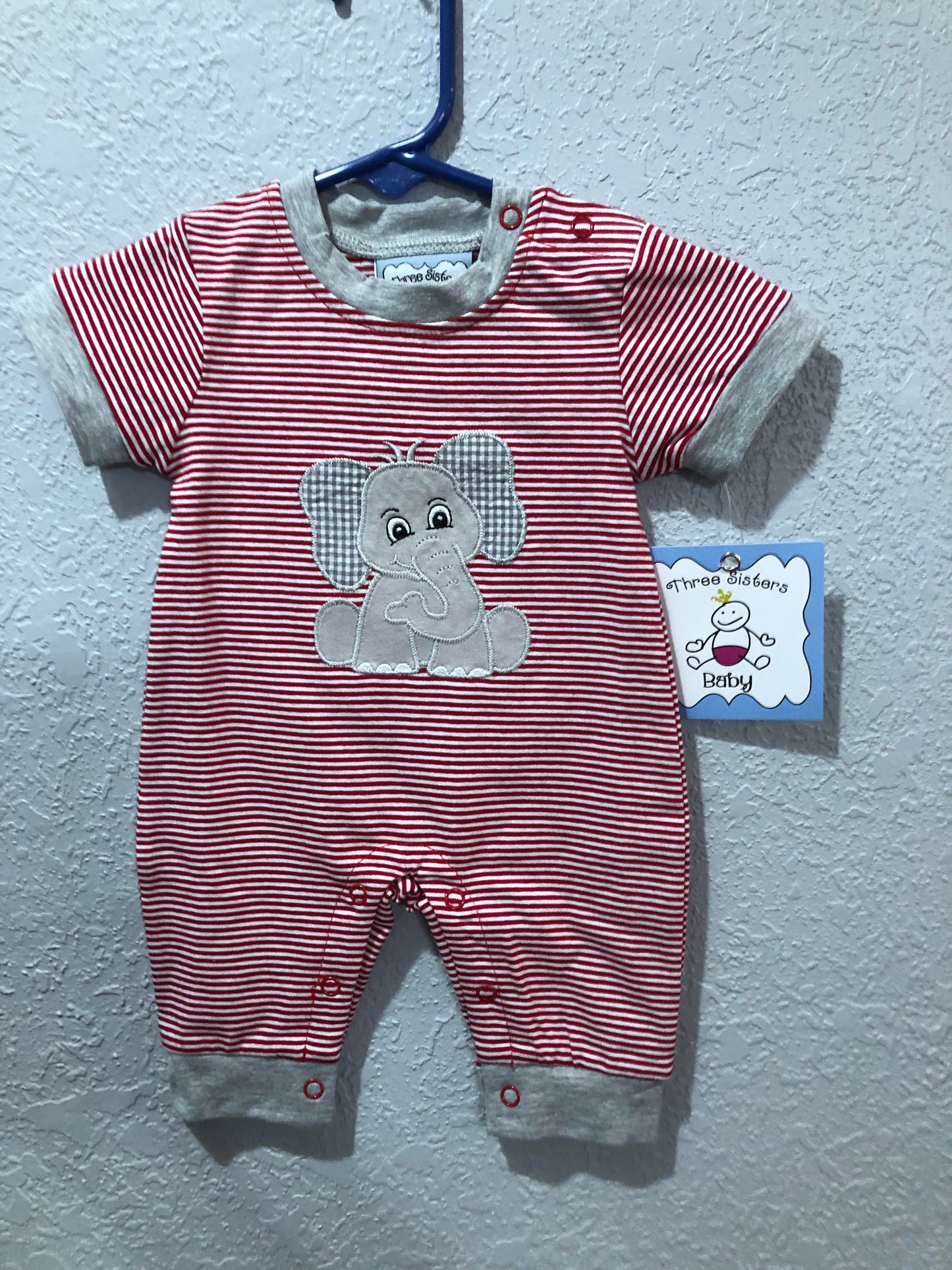 Boys Red and White Stripe with Elephant Applique Romper by Three Sisters