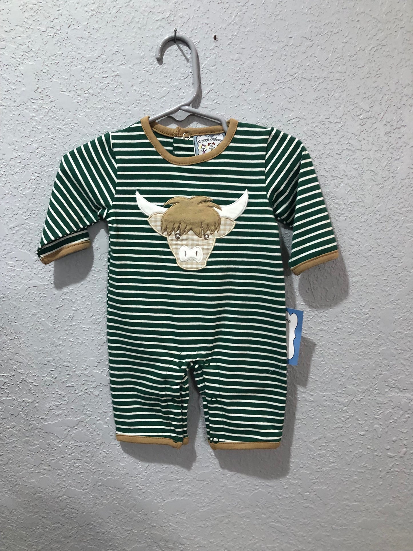 Boys Green and White Stripe with Highlander Cow Applique Romper by Three Sisters