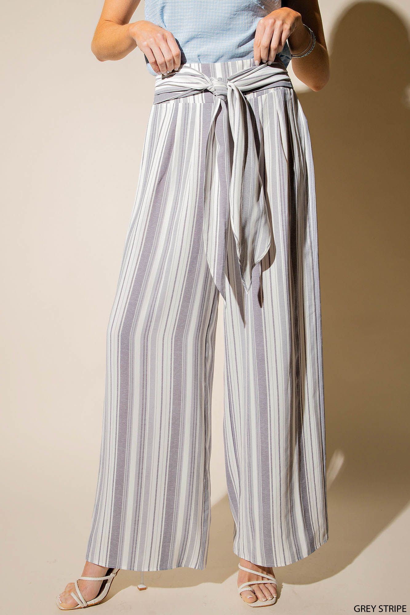 Ladies KORI Grey and White Palazzo Pants with Back Smocking
