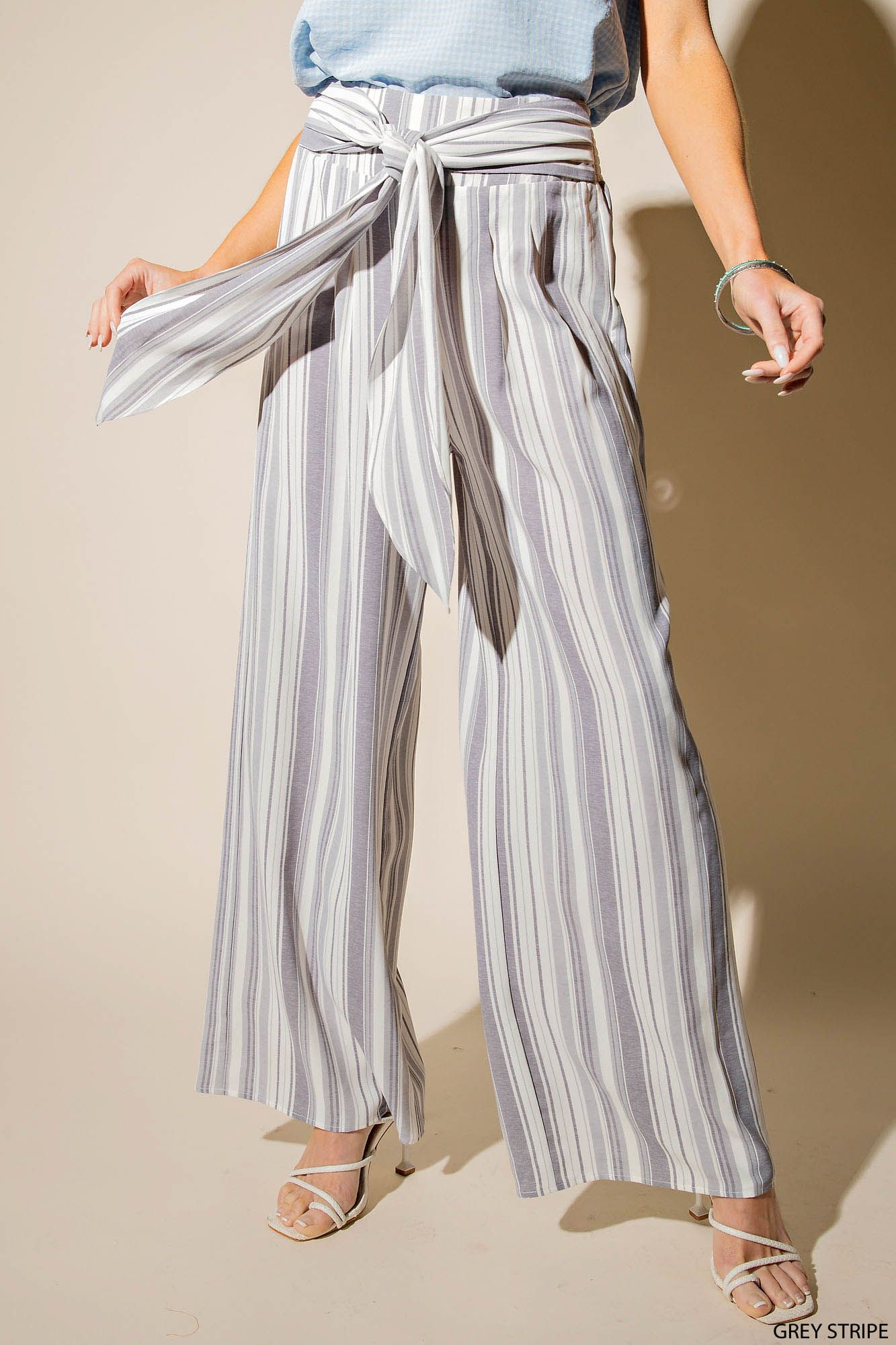 Ladies KORI Grey and White Palazzo Pants with Back Smocking
