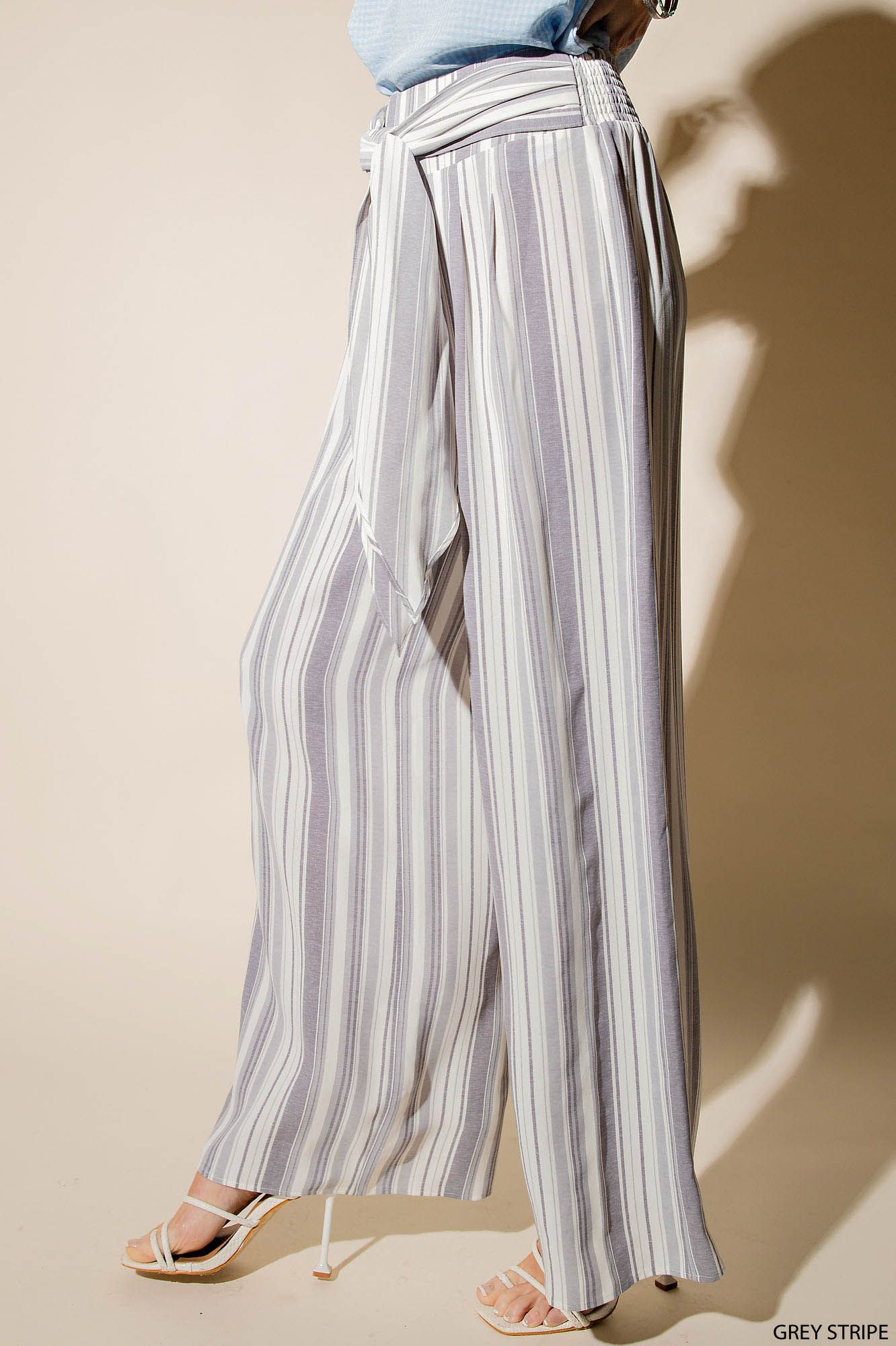 Ladies KORI Grey and White Palazzo Pants with Back Smocking