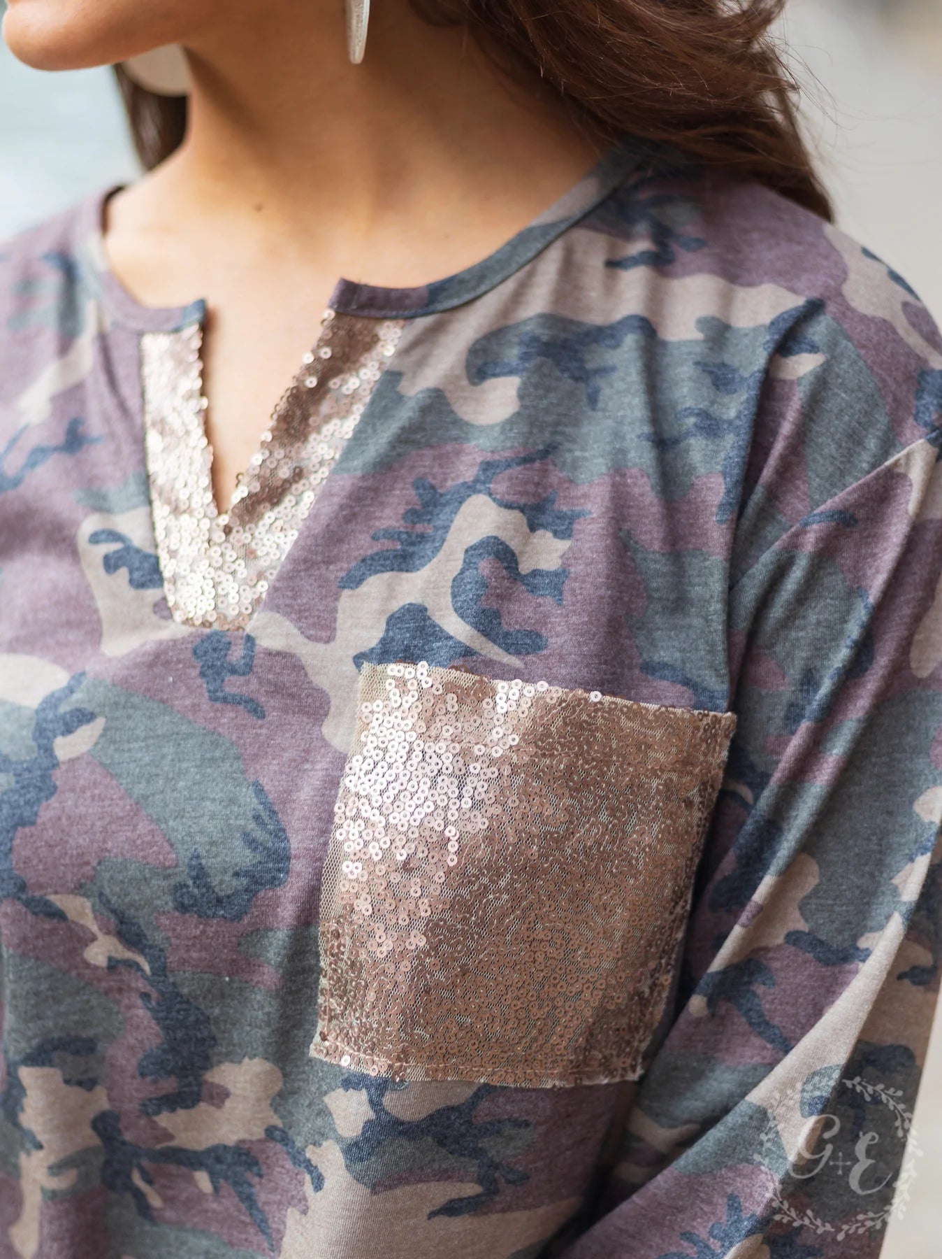 Ladies Grace & Emma Welcome to the Jungle Sequin Notch Long Sleeve Top With Pocket, Camouflage