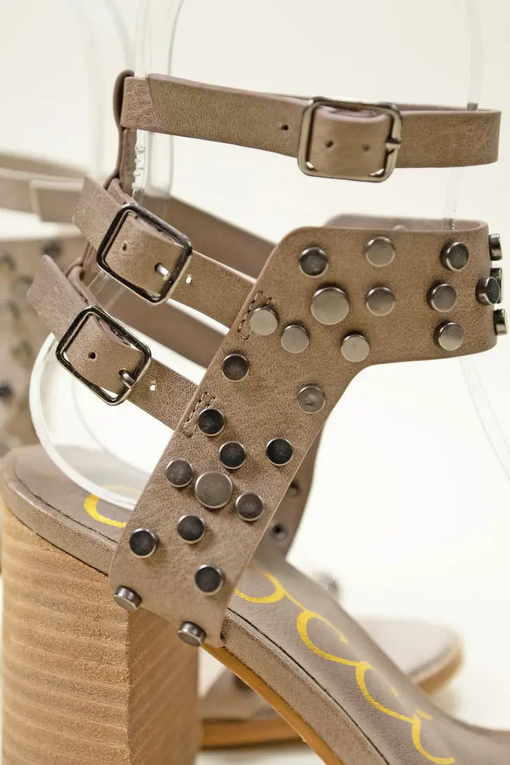 Ladies CCOCCI Round Studded Strap Heeled Sandal-Stone