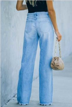 Ladies Mid-Rise Ripped Wide Leg Jeans-Lt Blue