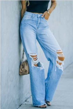 Ladies Mid-Rise Ripped Wide Leg Jeans-Lt Blue
