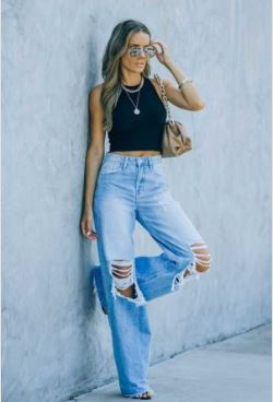 Ladies Mid-Rise Ripped Wide Leg Jeans-Lt Blue