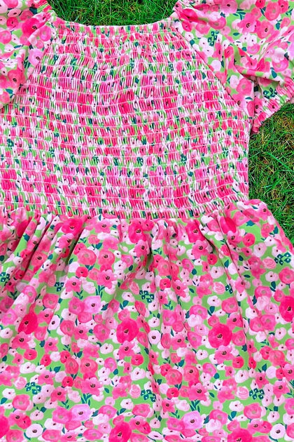 Girls Ditsy Floral Ruffle Dress With Bubble Sleeves