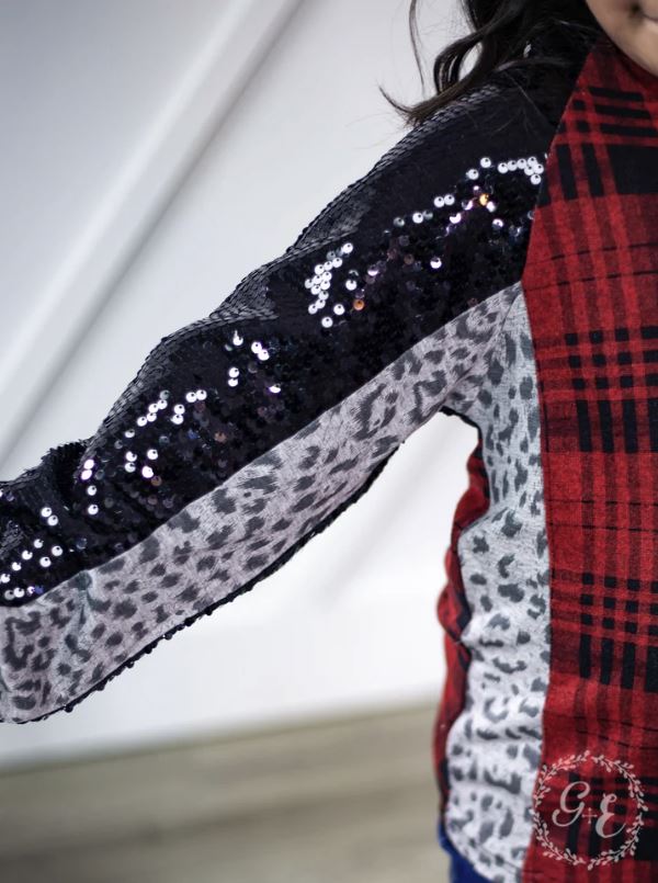 Girls Grace & Emma I'm A Diva Raglan Balloon Long Sleeve with Sequins, Plaid