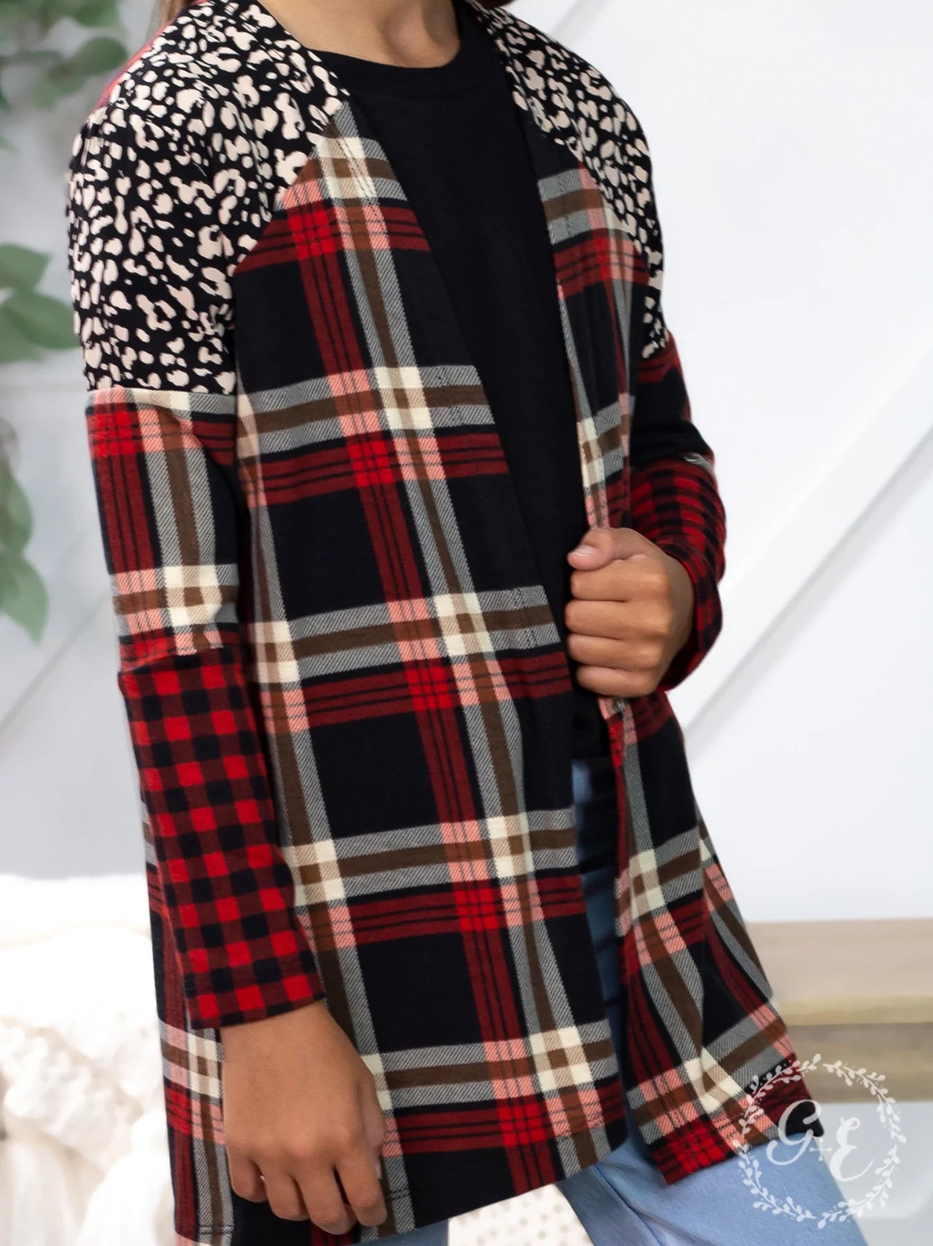 Girls Grace & Emma Southern Twang Long Sleeve Cardigan, Red Plaid