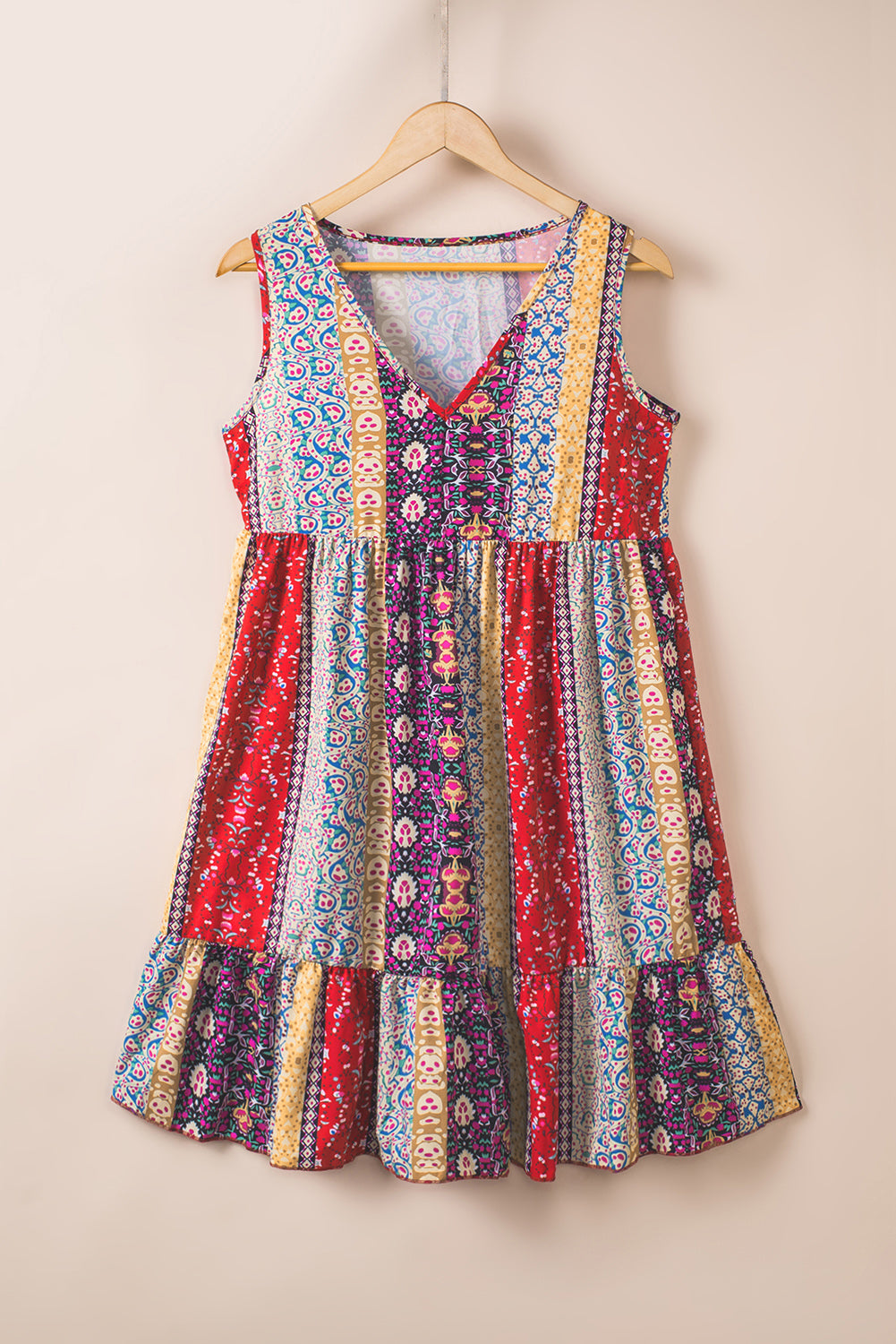 Ladies Red Floral Splicing Flounce V Neck Sleeveless Mini Dress