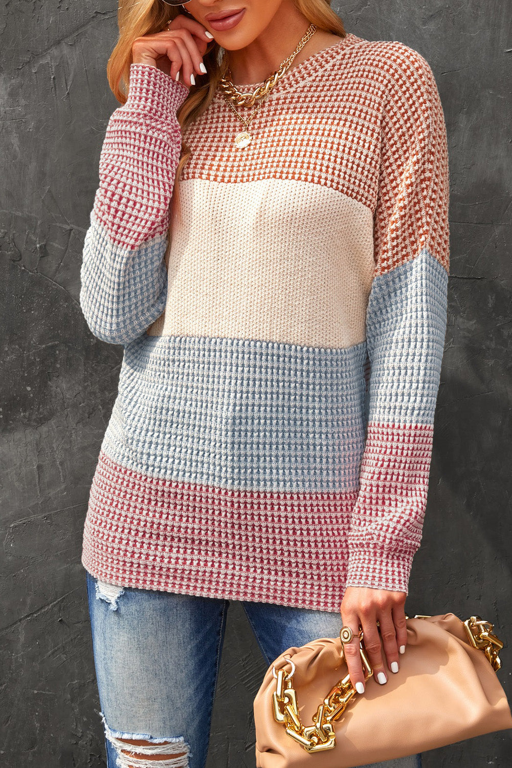 Ladies Multicolor Color Block Knitted Long Sleeve Top