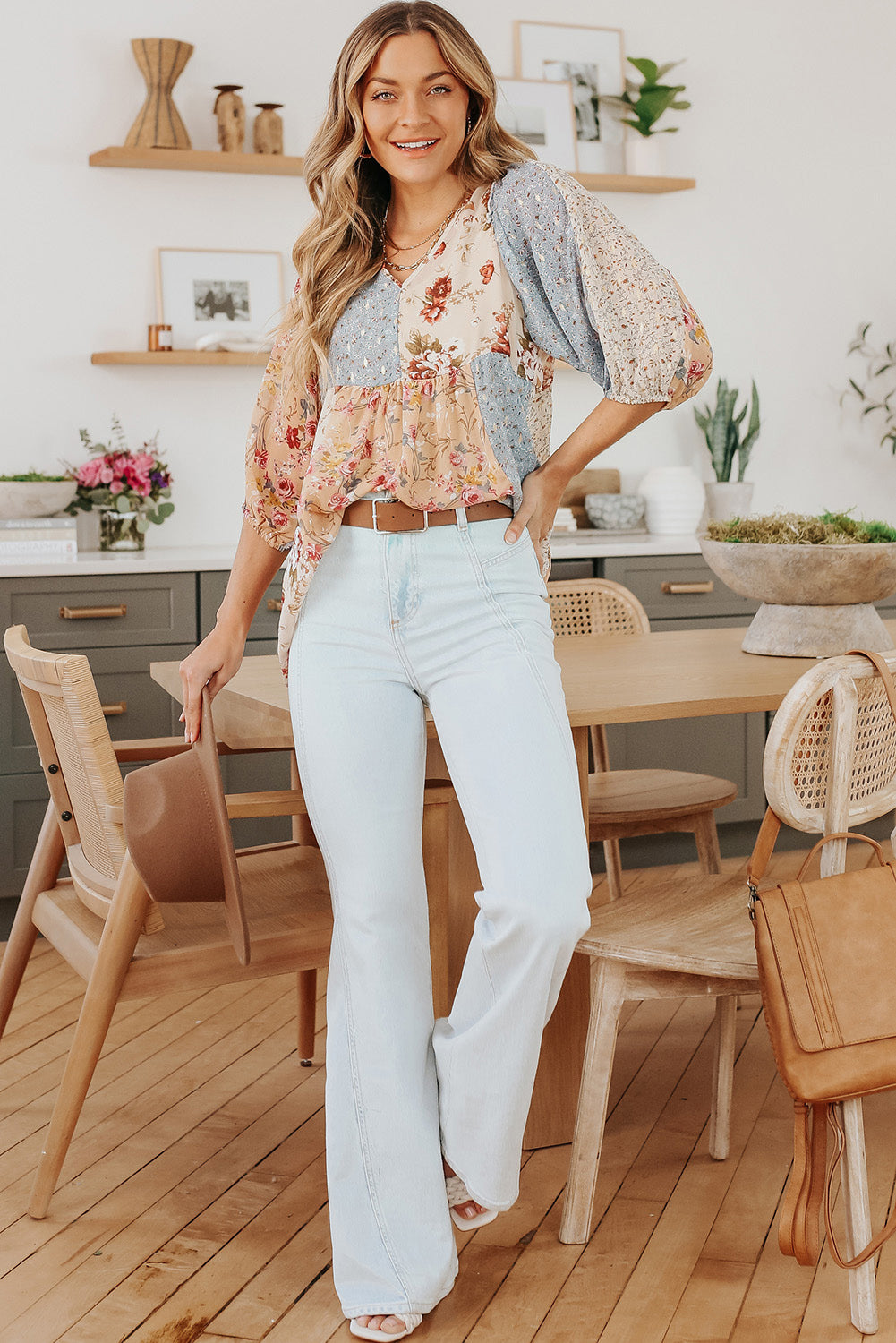 Ladies Multicolor V Neck Mixed Floral Babydoll Top