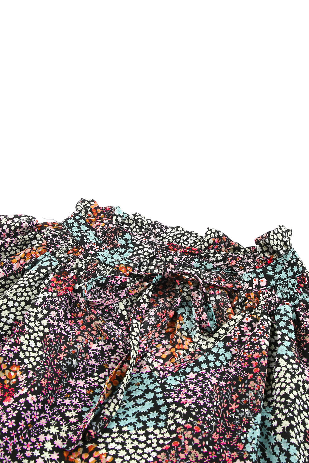 Ladies Multicolor Vibrant Floral Tie V Neck Puff Sleeve Blouse