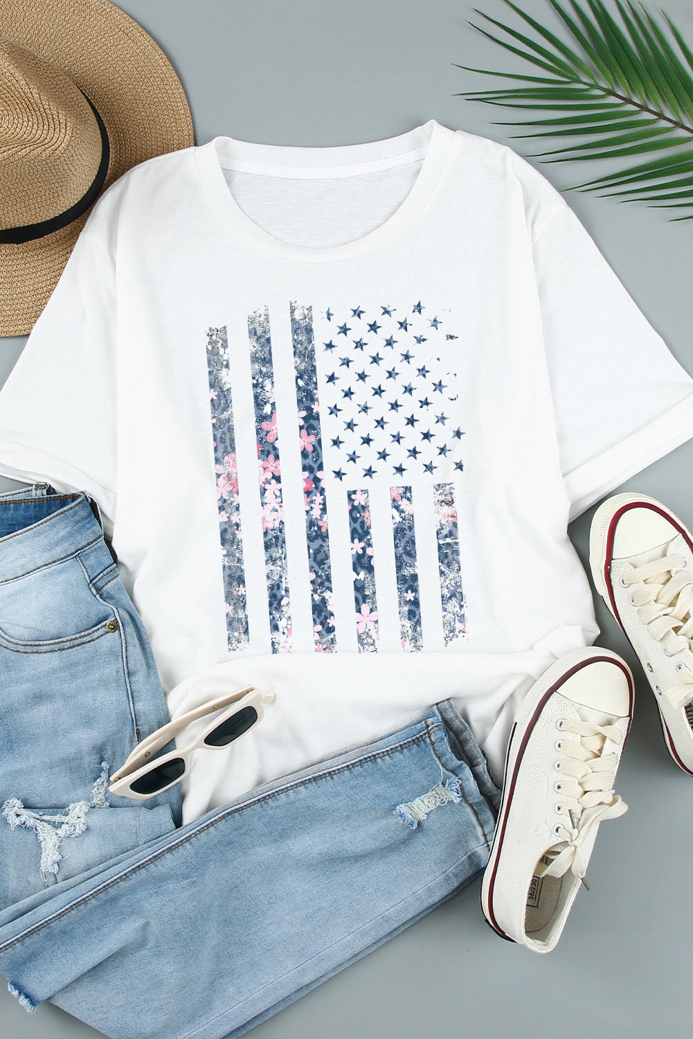Ladies White Floral American Flag Print Short Sleeve Graphic Tee