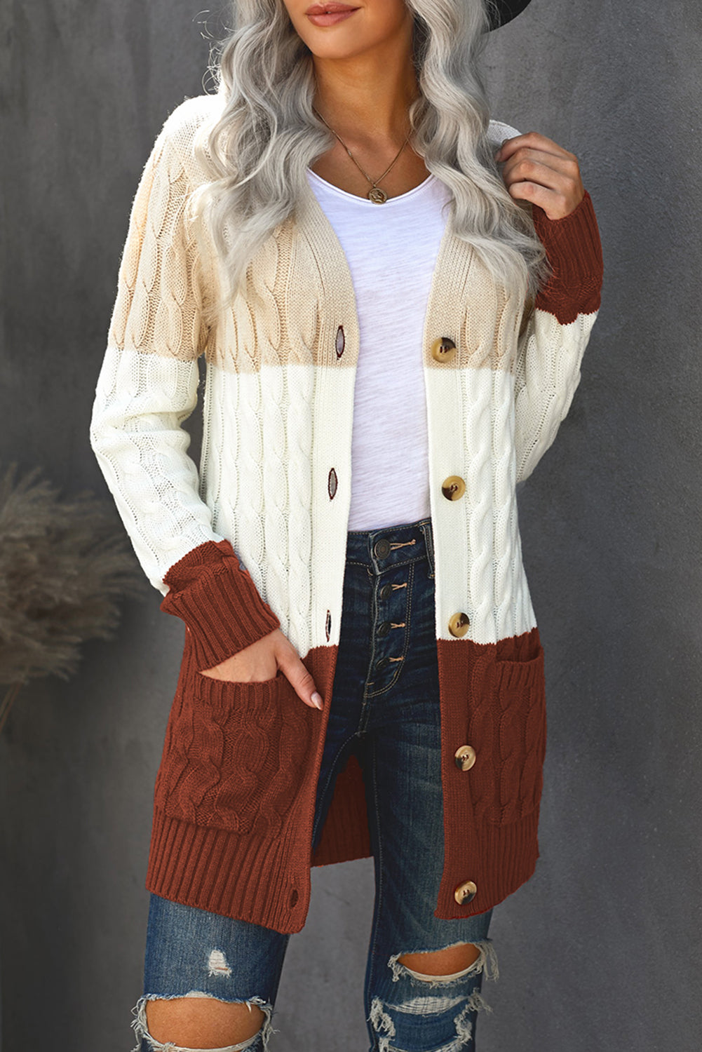 Ladies Apricot Color Block Button Pocket Knit Cardigan