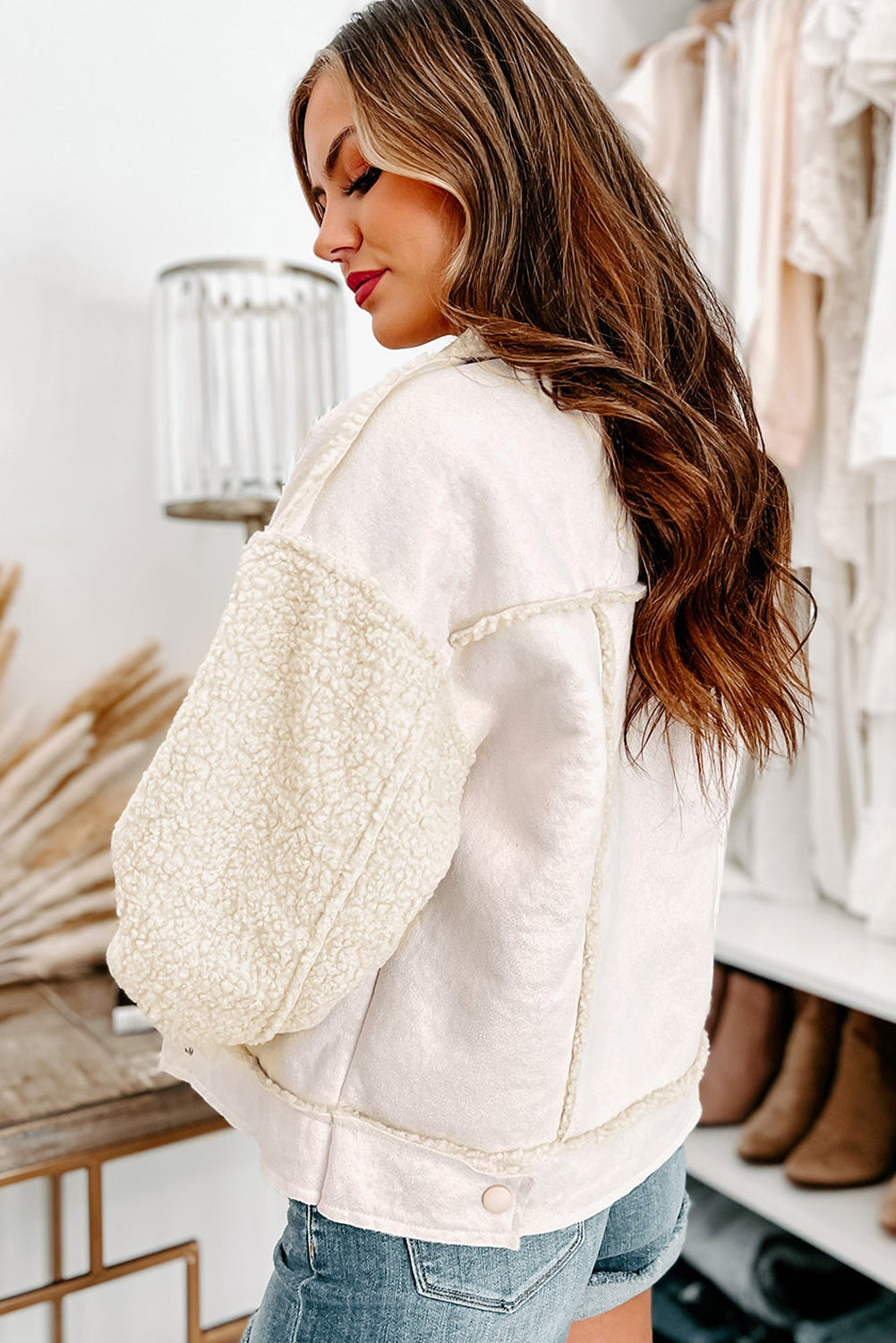 Ladies White Sherpa Lined Faux Suede Jacket