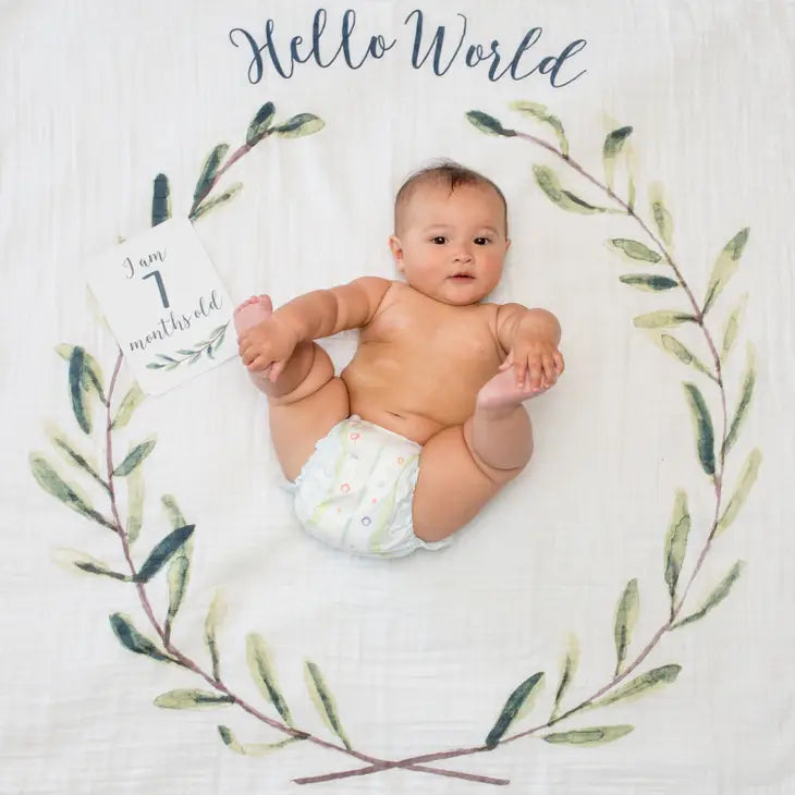 Lulujo Baby's 1st Year Swaddle & Milestone Cards - Hello World