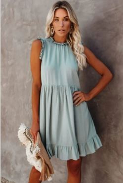 Ladies Casual Ruffled Loose Fit Dress - Lt. Blue