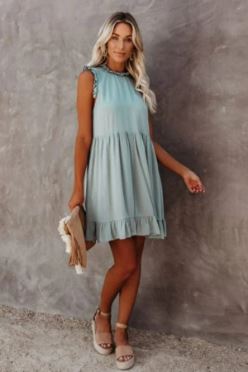 Ladies Casual Ruffled Loose Fit Dress - Lt. Blue