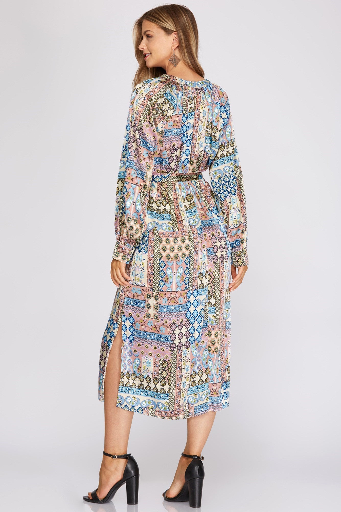 Ladies She+Sky Long Sleeve Woven Patchwork Print Midi Dress