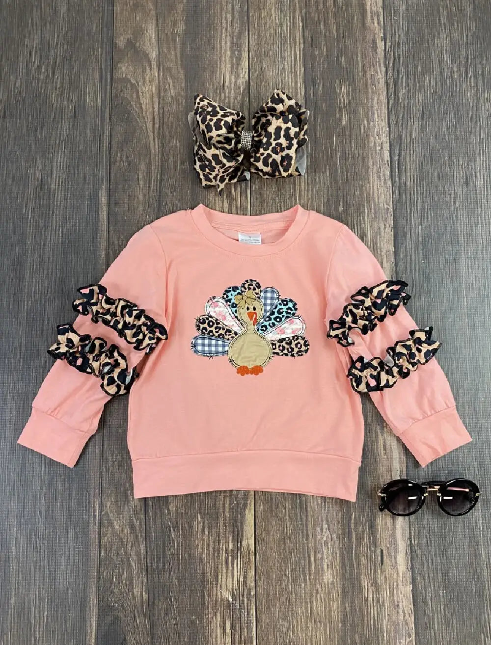 Girls Pink Turkey Ruffled Sleeve Shirt