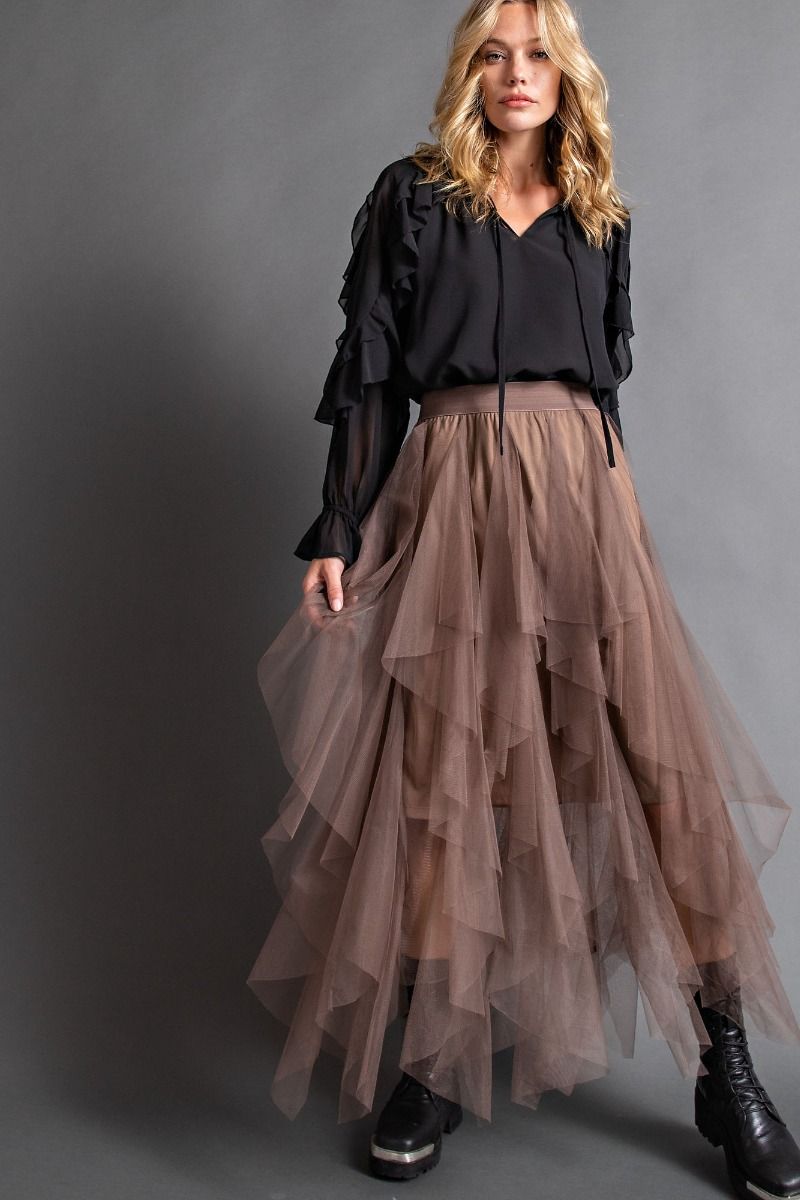 Ladies Fairy Mesh Maxi Skirt-Olive Grey by Easel