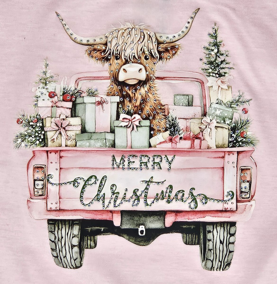 Girls Pink Highland Cow Christmas T-Shirt by ML Kids