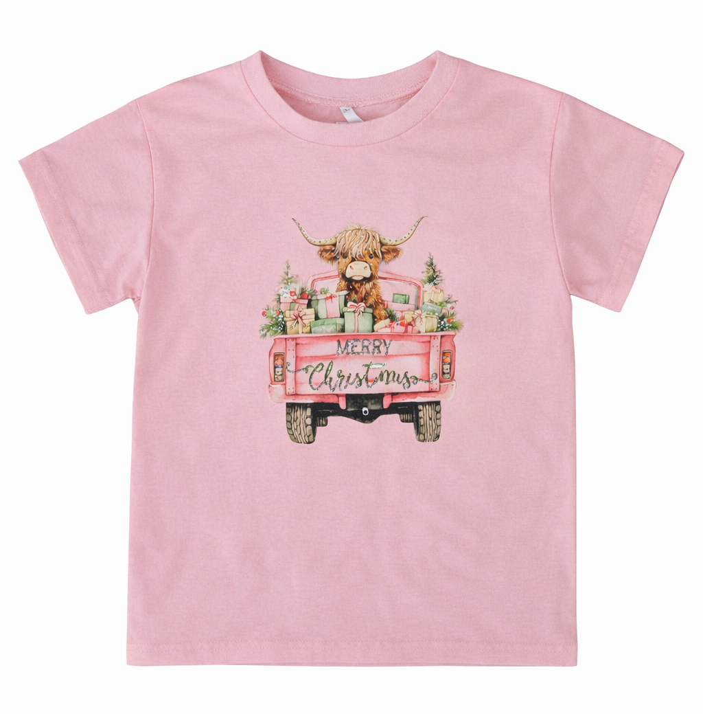 Girls Pink Highland Cow Christmas T-Shirt by ML Kids