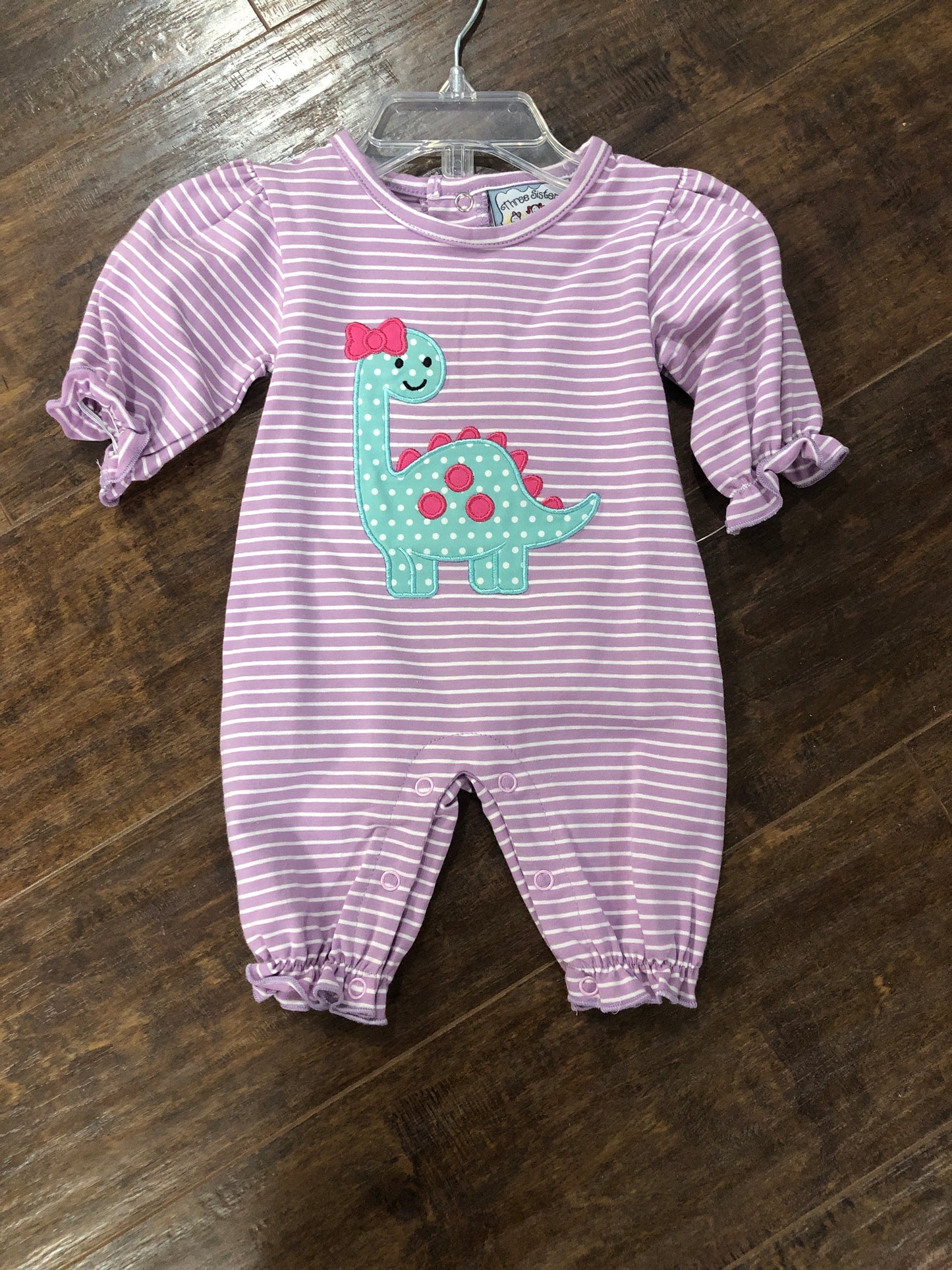Girls Dinosaur on Purple Stripe Romper by Three Sisters