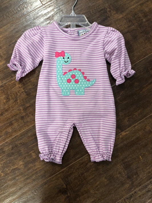Girls Dinosaur on Purple Stripe Romper by Three Sisters