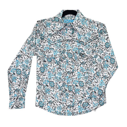 Girls Turquoise Floral Pattern L/S Print Shirt by Cowboy Hardware