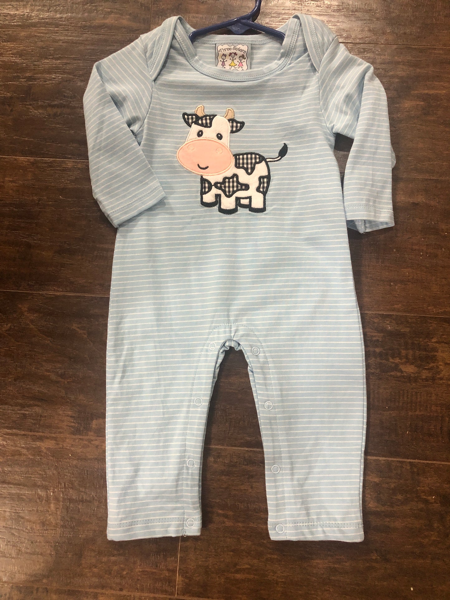 Boys Cow on Blue Stripe Romper by Three Sisters