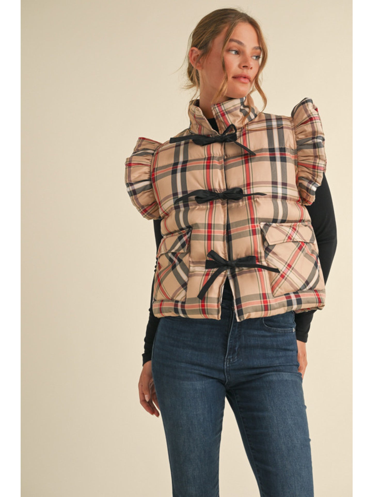 Ladies Plaid Puffer Vest by JODIFL - Taupe