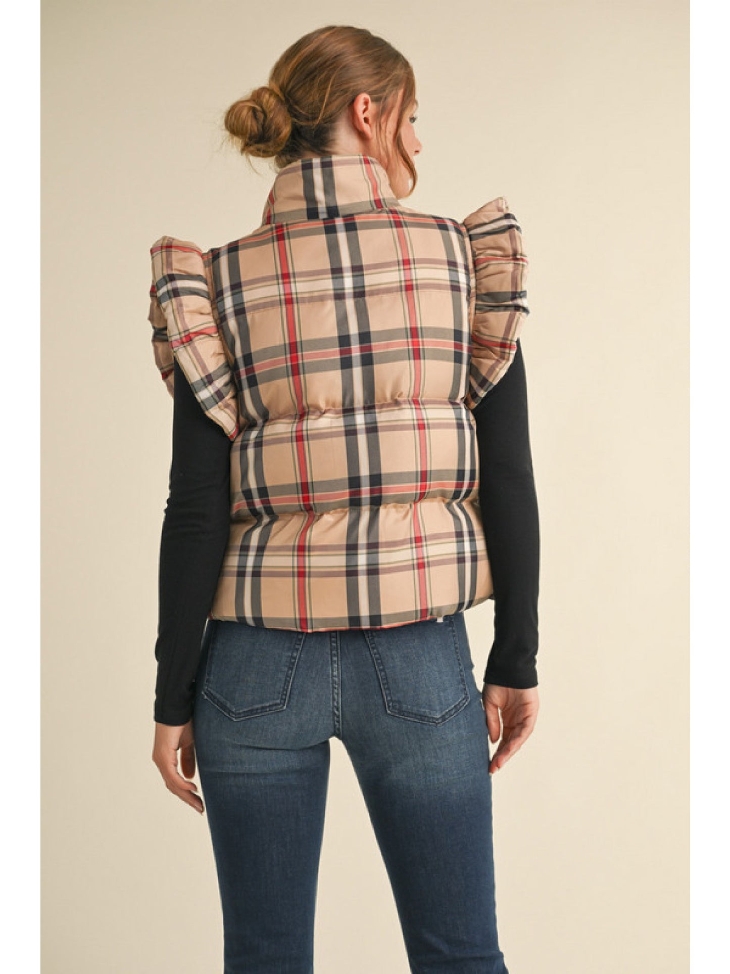 Ladies Plaid Puffer Vest by JODIFL - Taupe