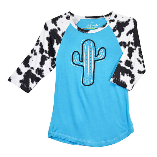 Girls Turquoise Crystal Cactus Raglan Top by Cowboy Hardware