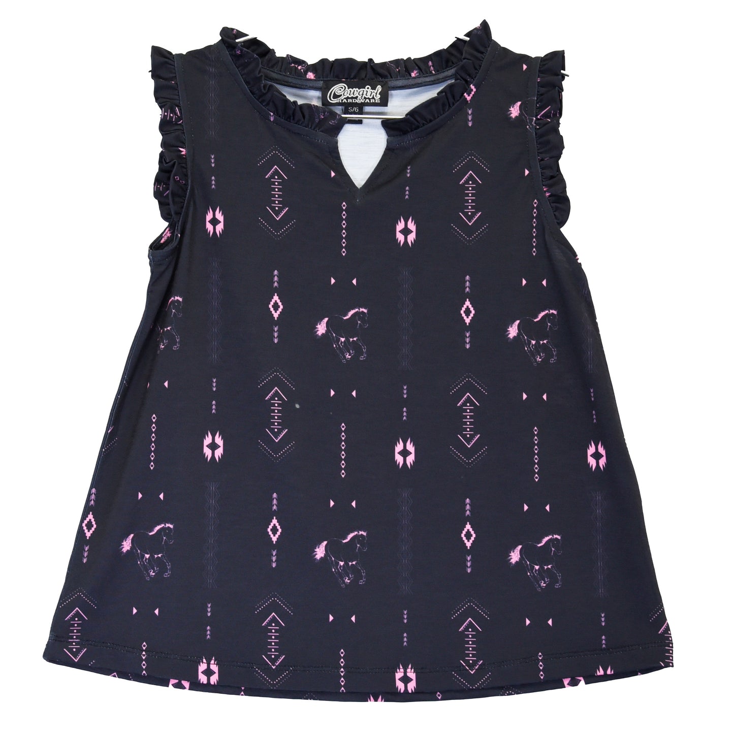 Girls Horse Aztec Ruffle Trim Tank Top by Cowboy Hardware