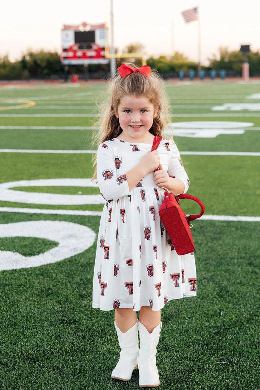 Girls Texas Tech White Raider Red 3/4 Sleeve Pocket Twirl Dress by Mila and Rose