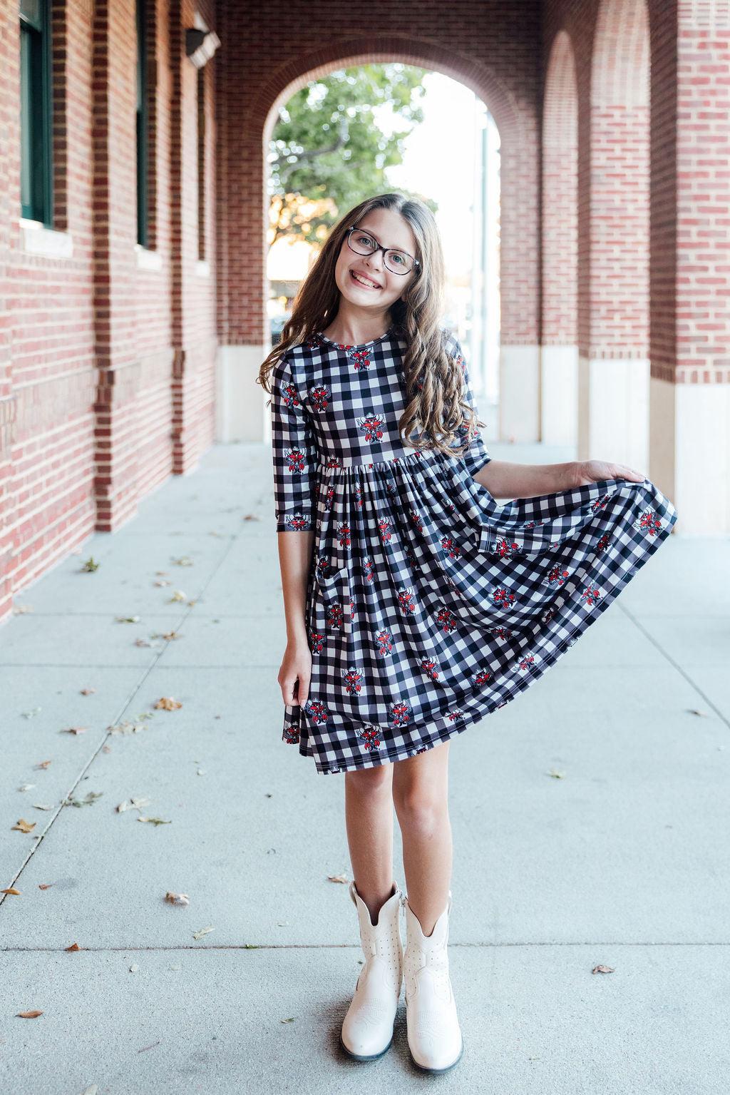 Girls Texas Tech Plaid Raider Red 3/4 Sleeve Pocket Twirl Dress by Mila and Rose