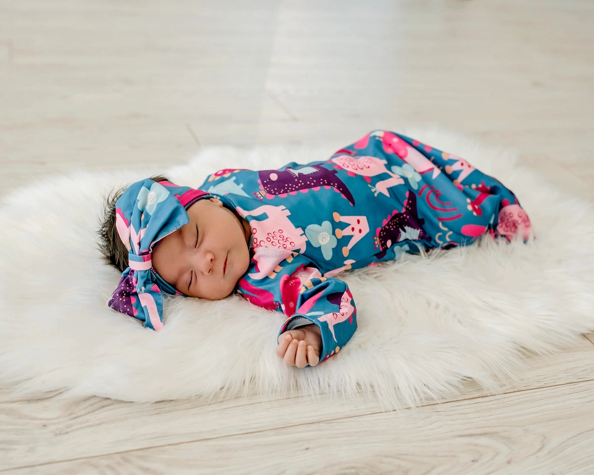 Baby Girls Dino Baby Gown and Bow Headband