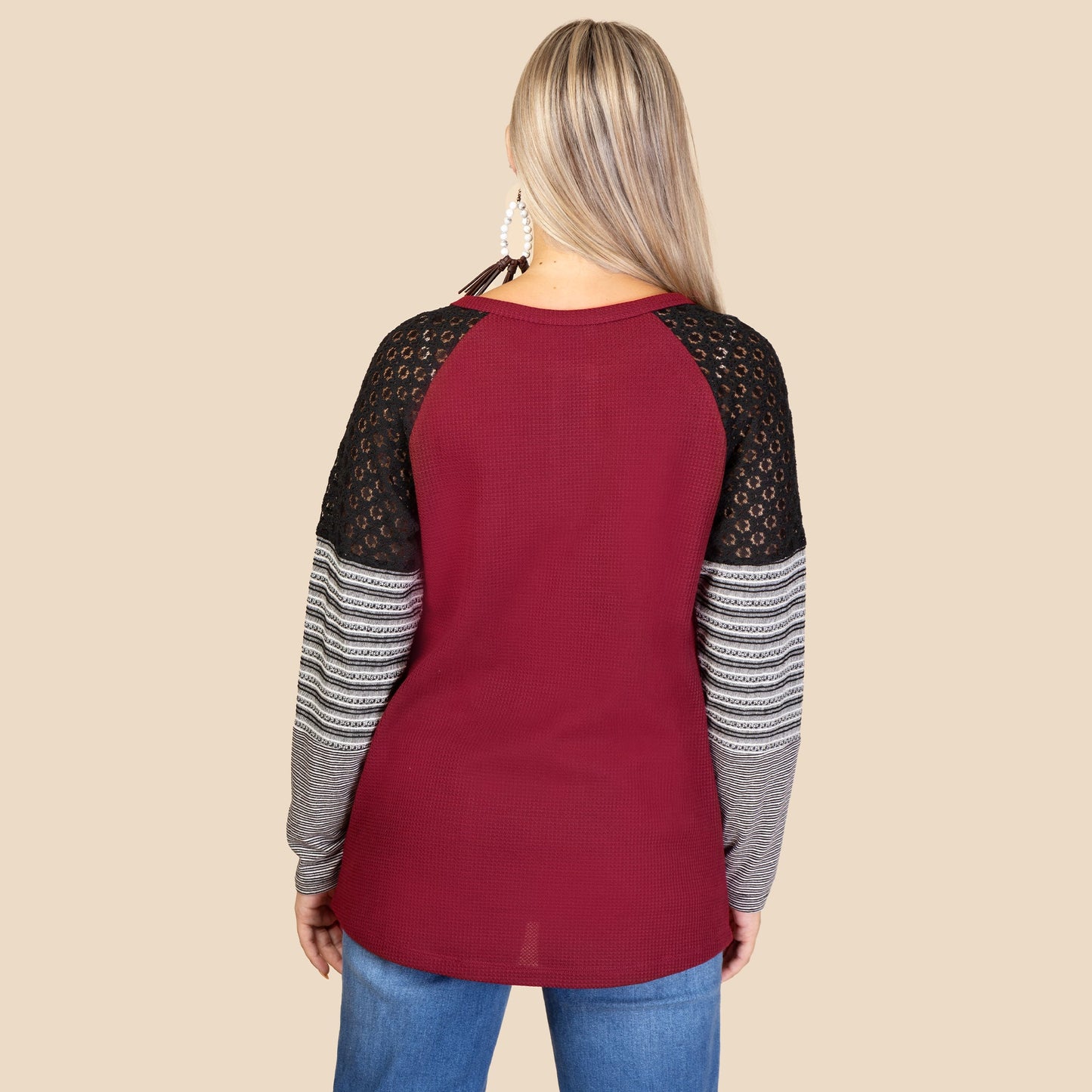 Ladies Top with Lace and Stripes Sleeves