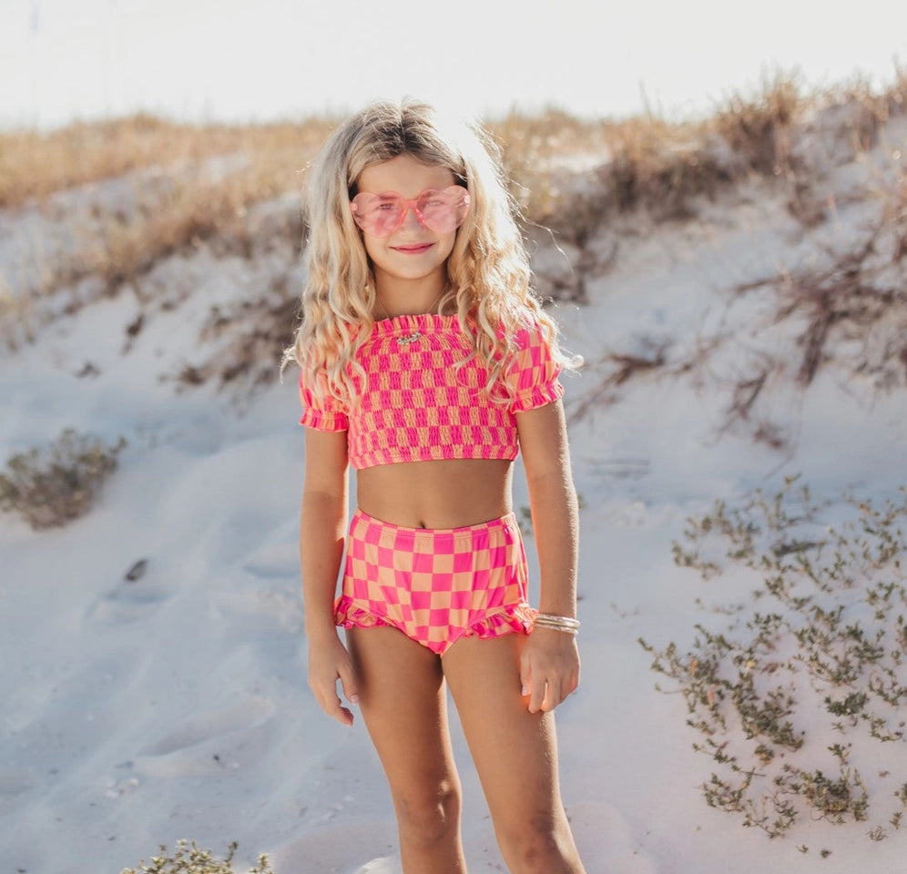 Girls Hot Pink & Tangerine Check Ruched 2 Piece Swimsuit