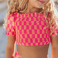Girls Hot Pink & Tangerine Check Ruched 2 Piece Swimsuit